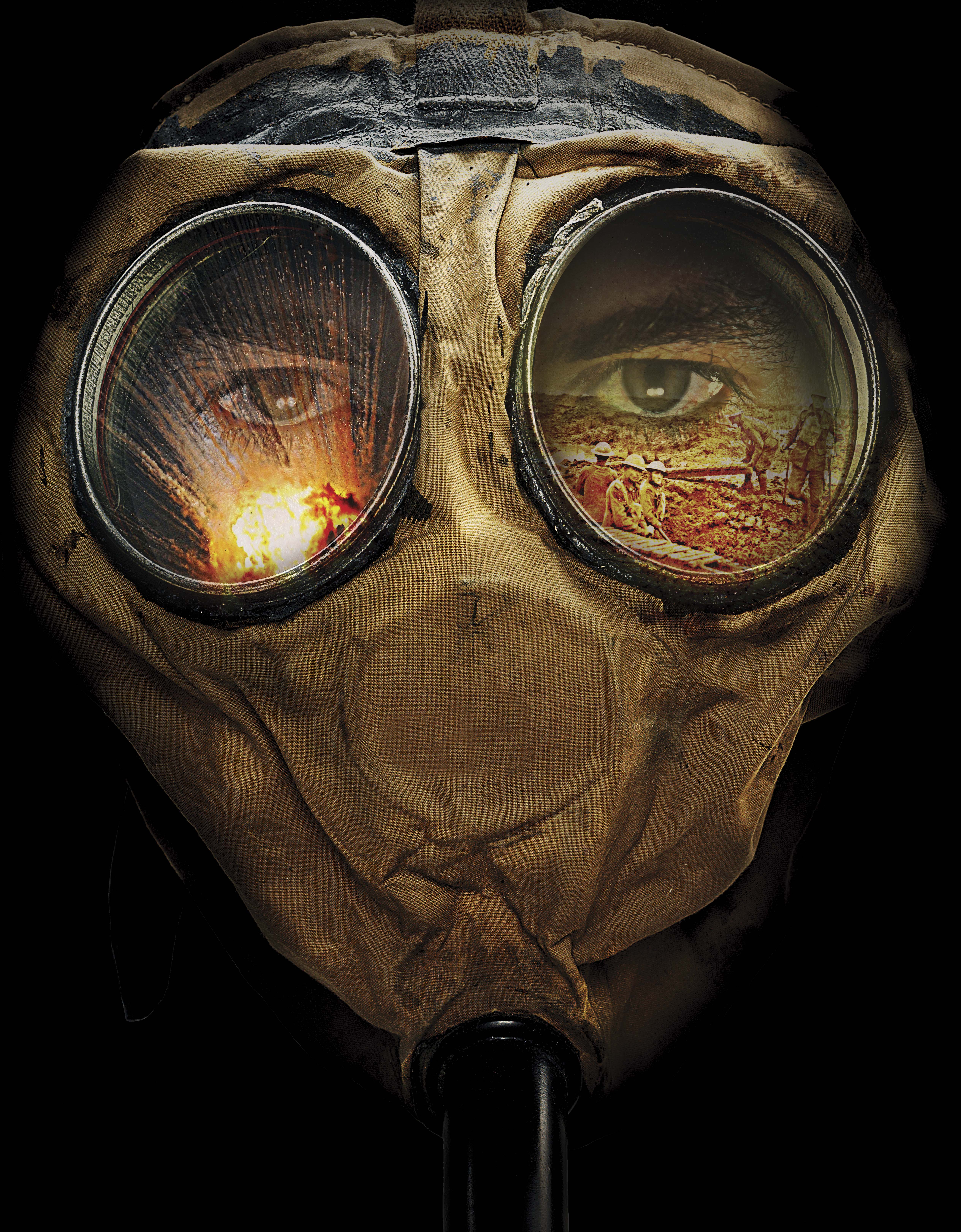 Dramatic graphic is of a man's face wearing a brown gas mask. The full face is covered except for large goggles over the eyes.