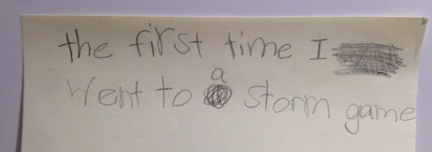 Child's note reading The First time I went to a storm game