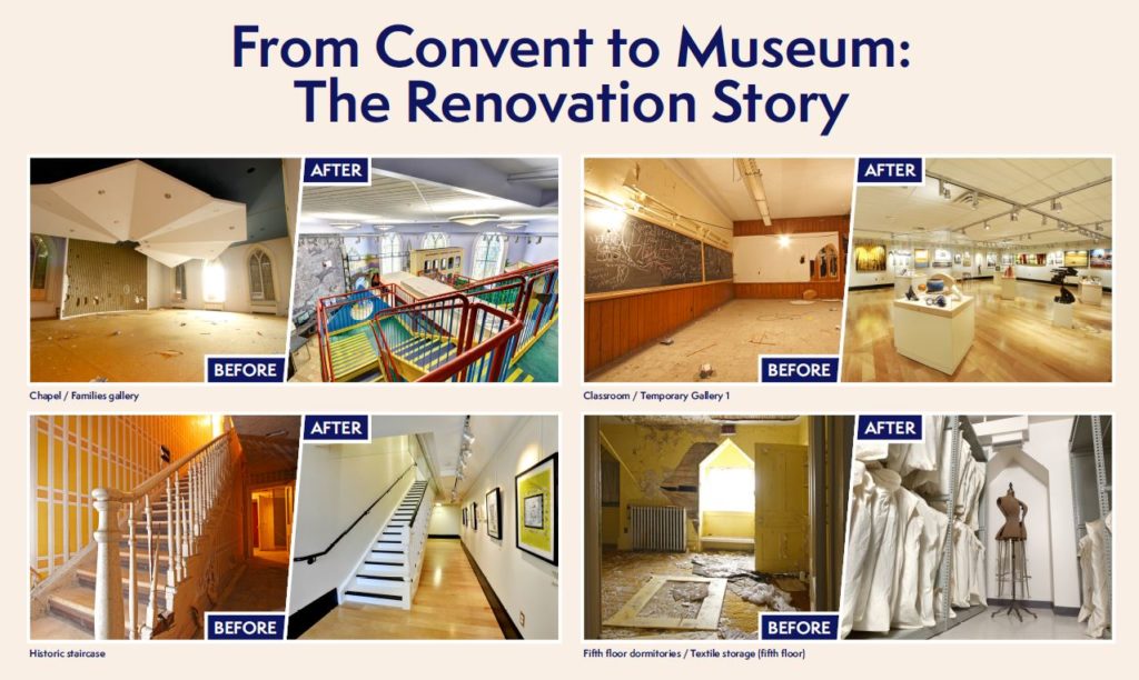 From Convent to Museum: The Renovation Story photo gallery. Four before and after photos from the Chapel/Families Gallery, Classroom/Exhibit, damaged stairwell/restored stairwell, damaged bedroom/museum storage space.