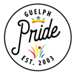 Guelph Pride logo. Black text reads Guelph Pride, est. 2003. There is a rainbow crown above the cursive writing word Pride and a burst of rainbow colours below the word.