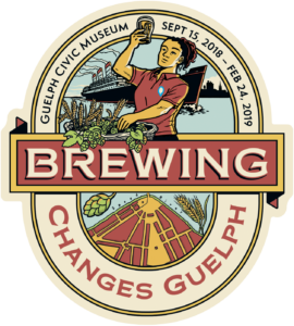 Brewing Changes Guelph custom logo styled as a beer logo. Black text around the edge reads Guelph Civic Museum, Sept 15, 218 - Feb 24, 2019. There is a woman featured in the centre holding up a pint of beer, with a basket of hops infront of her. There is a steam ship behind her. A street map of Guelph in at the bottom of the label.