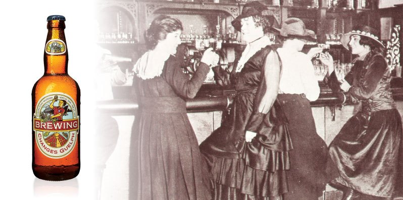 Sepia photo of four women sitting and standing at a bar. They are wearing long dresses and fancy vintage accessories. To the left, there is a graphic of a bottle with the Brewing Changes Guelph logo on it against a white background.