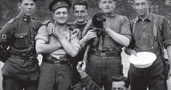 Black and white photo of 8 soldiers standing together casually. The person in the centre is holding a small puppy.