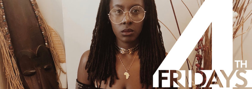 Portrait photo of Aisha Barrow. Aisha has dark skin and dark brown hair. She is wearing circular glasses and a black off the shoulder top. There is a white 4th Friday logo watermark overlaying the photo where the word Fridays is written across the arm of the 4.
