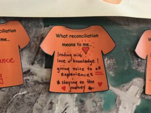 Close up of a visitors Orange Shirt Day craft. Black text on an orange tshirt cutour reads What reconciliation means to me... leading with love and knowledge! giving voice to all experiences. Staying on the journey