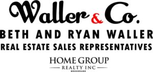 Black text logo reads Waller & Co. Beth and Ryan Waller Real Estate Sales Representatives, Homegroup realty inc. The & sign is red.