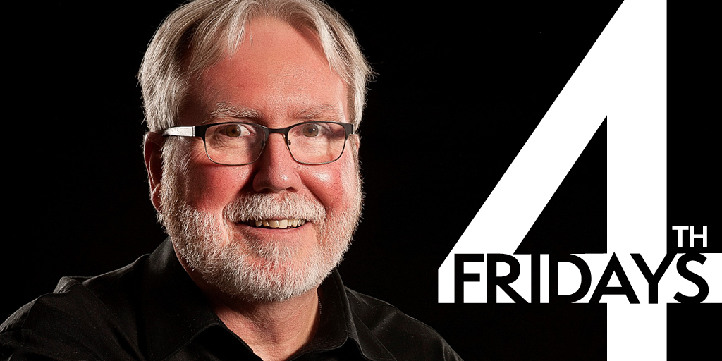 Portrait photo of Bob McLean. Bob has pale skin and white hair. He wears thin wired glasses and is smiling. He is sitting in front of a black background. To the right is a white 4th wordmark with Fridays written across the arm of the 4.