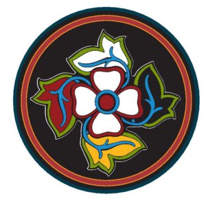 Black Tulip Designs Logo. A First Nations style wildrose design. A white, four petal flower is in the centre with a red and blue centre. Four white, black, yellow, and red leaves are drawn out of the flower to symbolize a medicine wheel. The flower design is on a black background with a red outline on the circle.