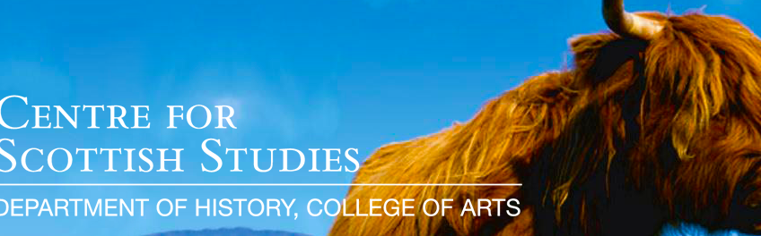 Reddish brown highland cow standing against a blue sky. White text reads Centre of Scottish Studies, Department of History, College of Arts.