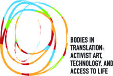 Right aligned black text on white background. Text: Bodies in Translation: Activist art, technology, access to life.. To the left of the text there is a rainbow spiral.
