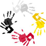 Eight hand prints forming a circle, representing the medicine wheel. There are two white handprints, two yellow handprints, two red handprints, two black handprints.