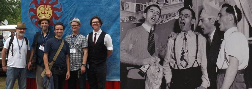 Left: Photo of Great Wooden Trio at the Mariposa Folk Festival. Right: Black and white photo of three men singing with arms linked. Grandfather and great uncles of Brad Woods.
