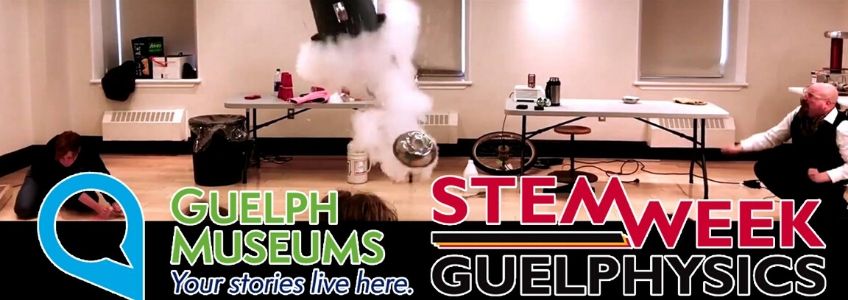 Photo of a physics science experiment in the programming room at the Civic Museum. Guelph Museums logo is overlay on the left, with the STEAM Guelph logo on the rightl