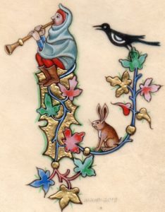 Medieval illumination painted by Debbie Thompson Wilson. A musician is playing a flute to a rabbit and crow.