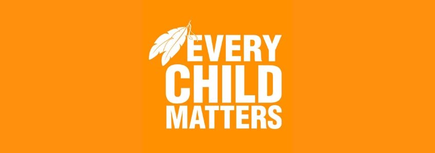 Every Child Matters in white wrap text. There is a white feather to the left of the word "Every". Orange background.