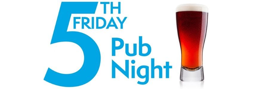 5th Friday logo. "5th Friday Pub Night" in blue text. Pint of amber beer to the right. White background.