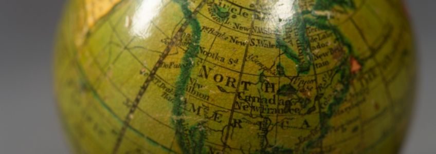 Close up photo of an 1808 pocket globe featured in the Lay of the Land exhibition
