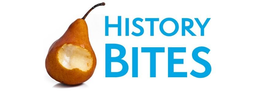 Photo of a pear with a bite taken out of it. The event title "History Bites" is in blue text to the right of the pear.