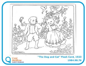 Flash card colouring page with a dog and a cat wearing a fancy suit and dress.