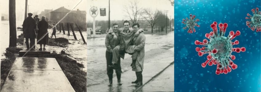 Three photo grid representing historic moments in history. Fair left, a photo from a flooded sidewalk, the middle photo is from a flood and there are two people holding up a third person in their arms, the last image is of a coronavirus atom.