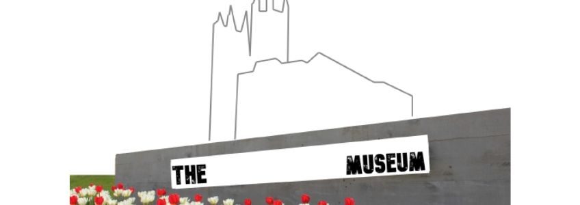 Guelph Museums Colouring page. The page features the outline of the Civic Museum building and the Basilica of Our Lady behind it.