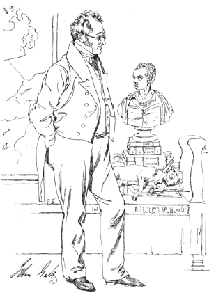 Sketch of John Galt standing in his study. He has short wavy hairglasses, and a double breasted coat with a long coattail. There is a map, male bust, and books in the background of the study.