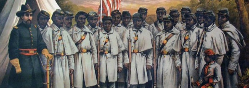 American Civil War coloured regiment recruitment poster. The painting is of eighteen Black soldiers wearing grey Union uniforms. There is a White man standing at the far left wearing a blue uniform. There is a small Black child at the far right who is holding a drum.