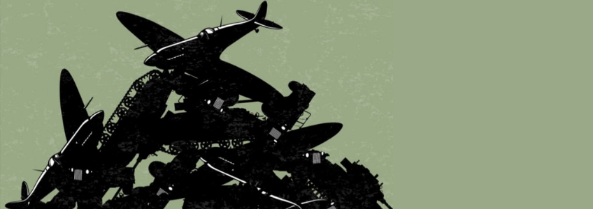 A pile of airplanes and various military vehicles illustrated in black on an olive green background.