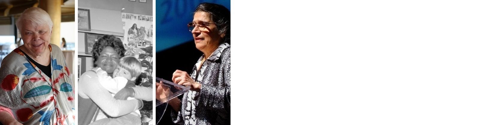 Three photo grid of women featured in the Her Story exhibit. From left to right, Jean Little, Norma Bowen, Parvathi Basrur