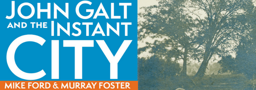 Blue, white and orange John Galt and the Instant City title graphic with tree image