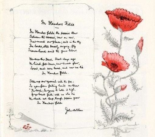 In Flanders Fields Poem, John McCrae with poppy illustration