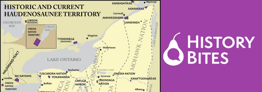 Decolonizing Place Narratives History Bites Banner: A map of Haudenosaunee Territory is shown on the left, and Guelph Museums History Bites logo on the right.