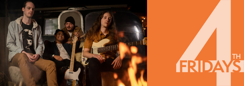Fourth Friday banner graphic. An image of Joshua Pascua and his band is on the left, they are holding guitars and seated outside at night by a fire. A orange background is on the right with Guelph Museums' Fourth Friday logo.