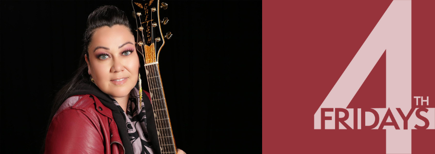 Fouth Friday banner of Lacy Hill. A photo of a person holding a guitar on the left is shown. On the right is a pink background with a translucent Fourth Friday logo overlaid.