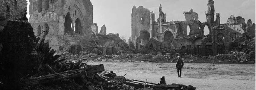 The ruins of the medieval Cloth Hall in Ypres in September 1917, shot by Frank Hurley, Australia’s official war photographer