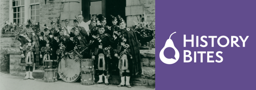 History Bites: Guelph Pipe Band at 100 Years. Photo of the Guelph Pipe Band outside City Hall in the 1920s on the left, purple background on the right with Guelph Museums' white History Bites logo.