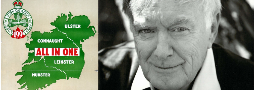 Split promotional banner. On the left side is a book cover with a green map of Ireland, on the right side is a picture of a man, Terry Copp