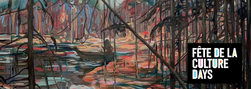 Painting by Eleni Bakopoulos. A person is canoeing through a river/pong in a heavily forested area.