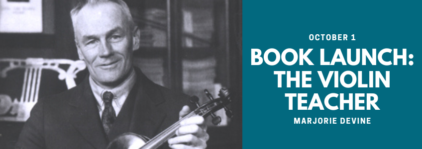Book Launch: the Violin Teacher. A photo of William Thain in black and white holding a violin.