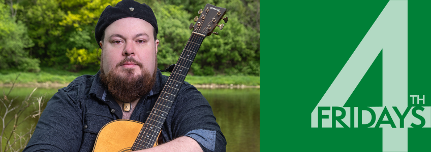 A photo of Sammy Duke holding his guitar in front of a river backdrop. On the right is a green background with Guelph Museums' Fourth Friday logo overlaid.