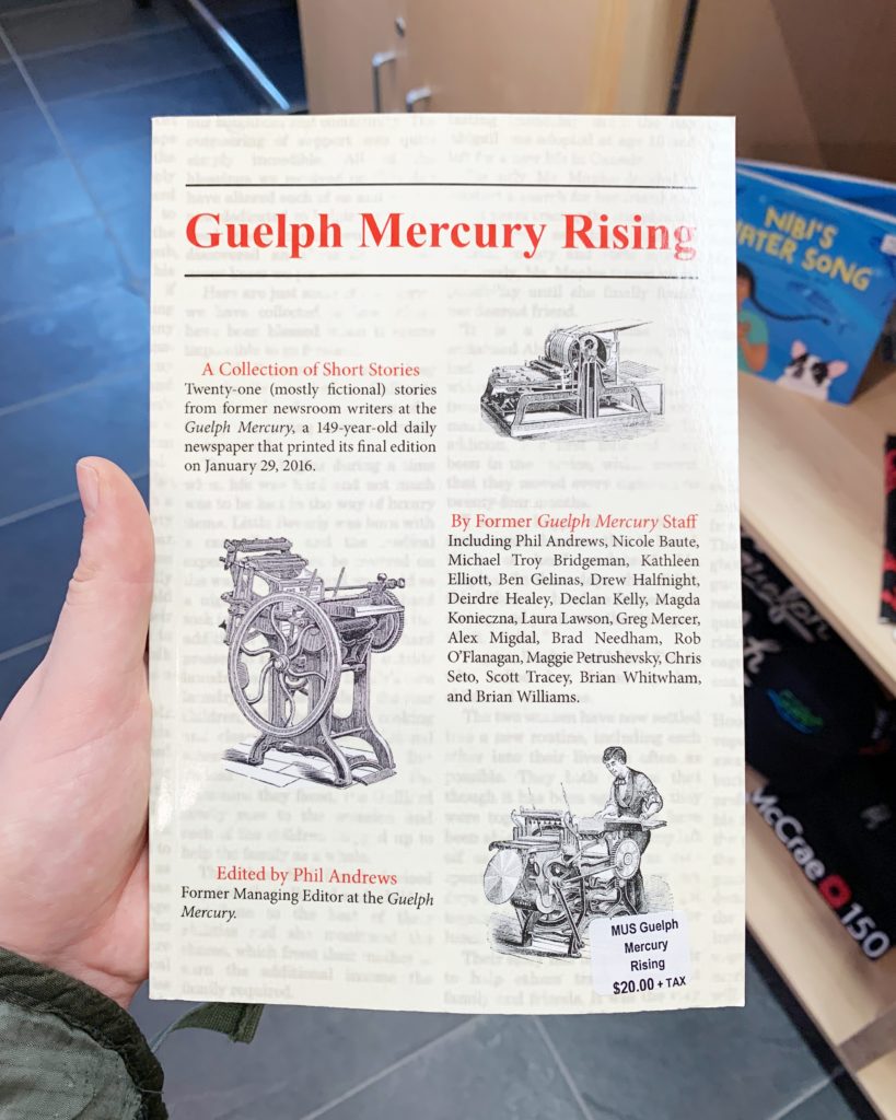 Guelph Mercury Rising Book Cover. White cover with red and black writing. The cover shows three different illustrations of printing presses.