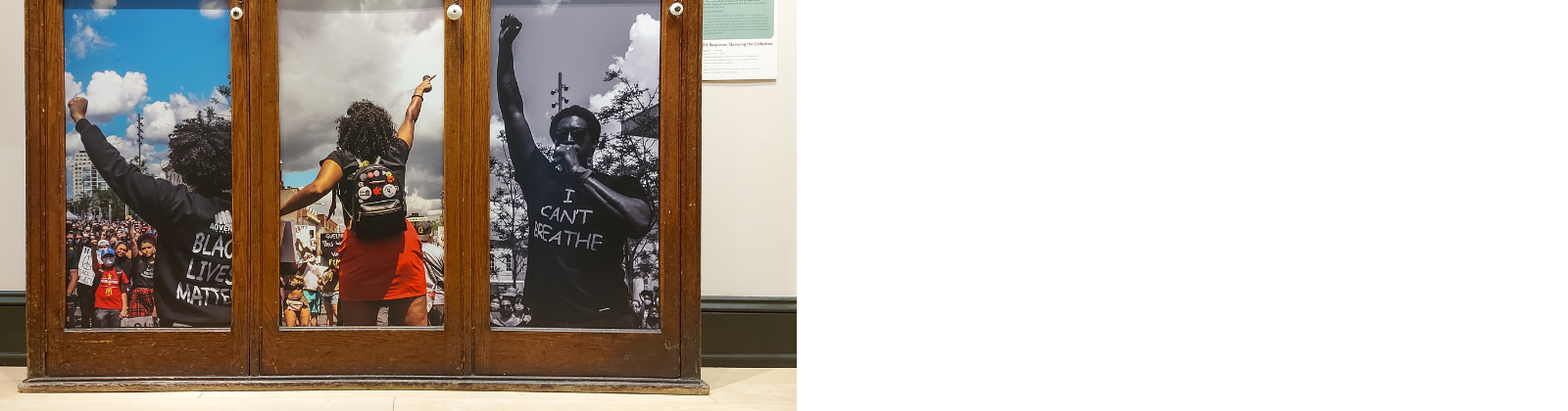 Three-photo panel on display in a cabinet at Guelph Museums. The photos feature three distinct moments from the Black Lives Matter protest in June, 2020. Speakers are standing with their backs to the camera and raising their hands to a crowd of people.