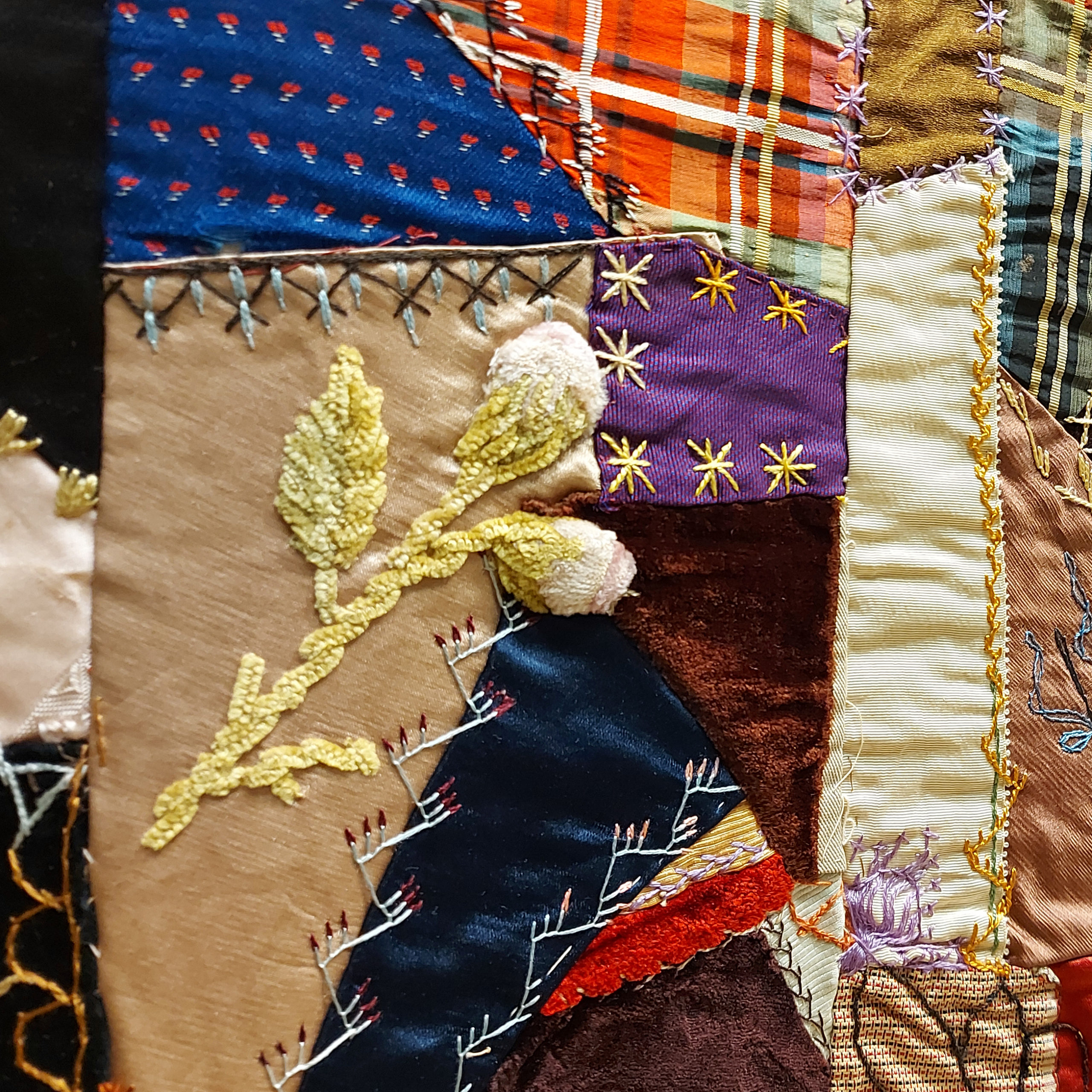 close up of stitching and fabrication of a crazy quilt
