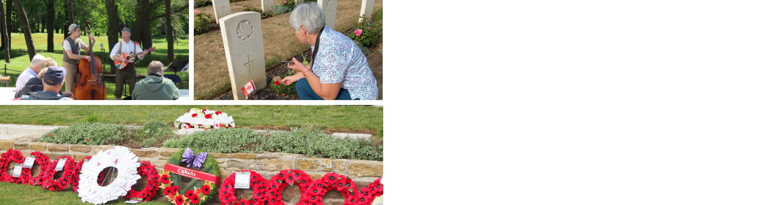 Collage including wreaths, a person placing a poppy at a gravesite, and two people performing music.