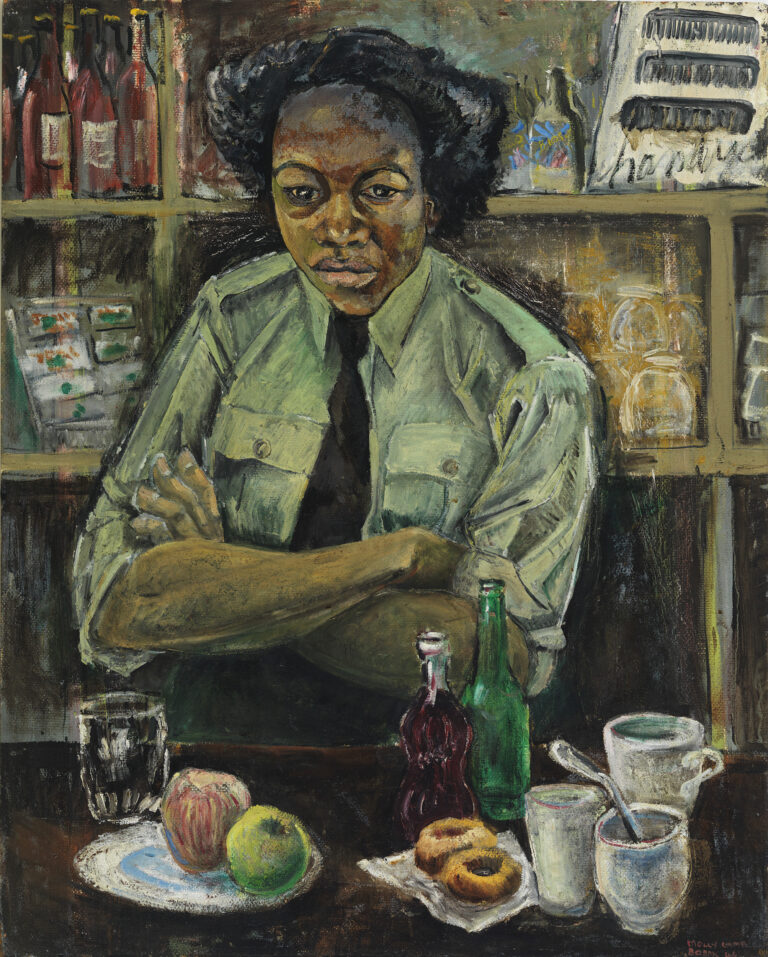 Painting of Black woman in solider uniform, in office with food and drink on desk in front.